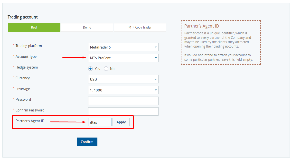 Screenshot of the RoboForex account opening form filled out for Team AI: Real account, MetaTrader 5, MT5 ProCent, USD, Hedge, leverage 1:500, and Partner's Agent ID dtas.